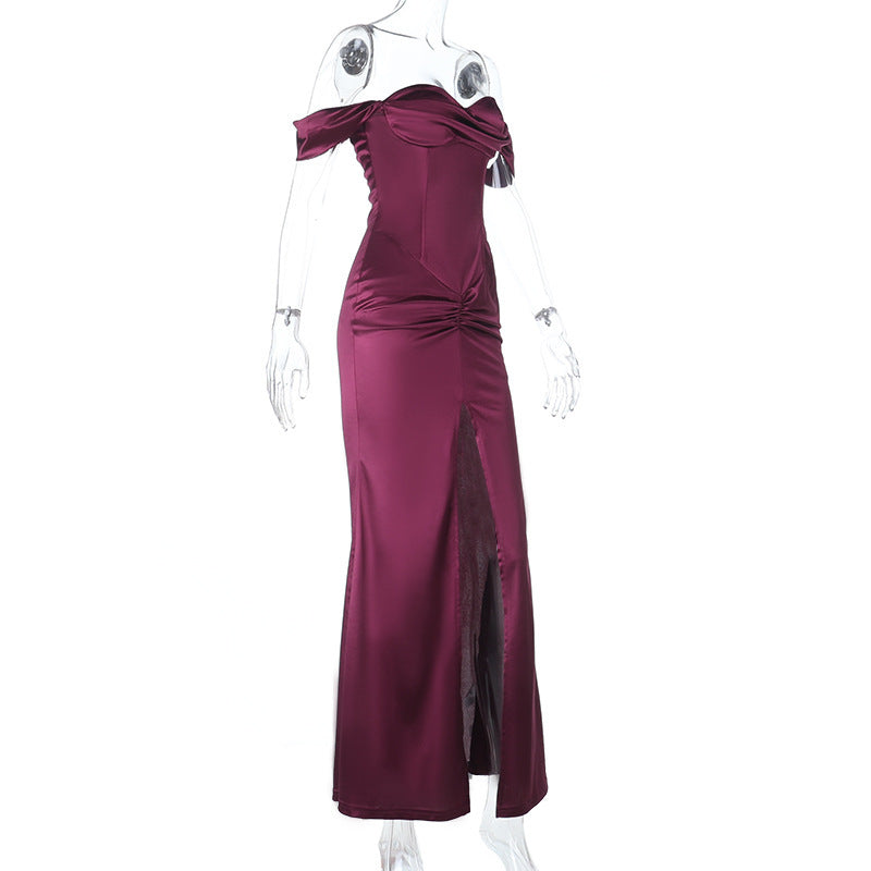 Enchanting Plum Satin Off-Shoulder Maxi Gown with Thigh Slit - Perfect for Fall Galas & Holiday Parties