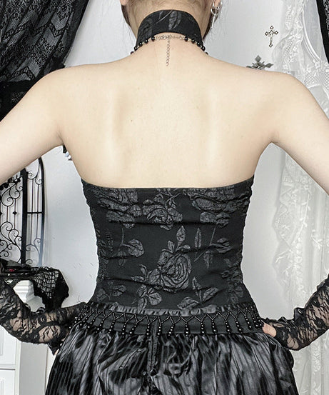 Dark Romance Brocade Halter Corset Top with Beaded Fringe - Halloween & Fall Goth Essential