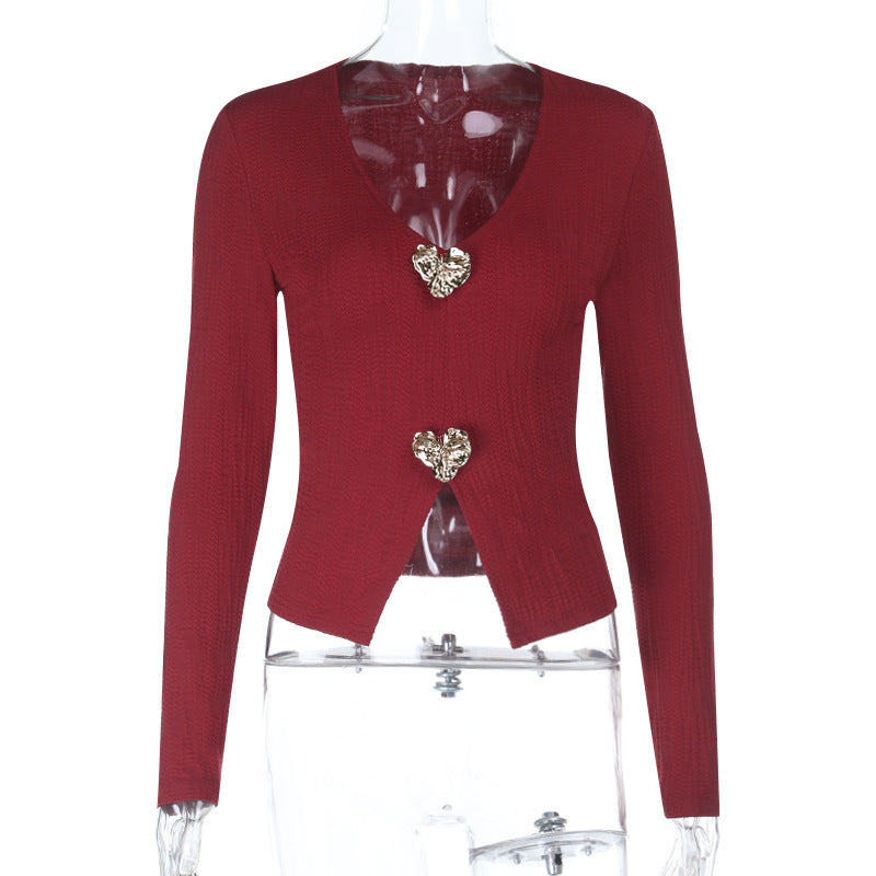 Romantic Burgundy Heart Button V-Neck Top | Chic Fall & Holiday Knit