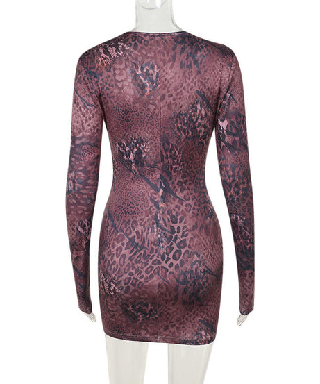 Fierce Animal Print Deep V Cutout Mini Dress - Long Sleeve Bodycon for Fall Nights