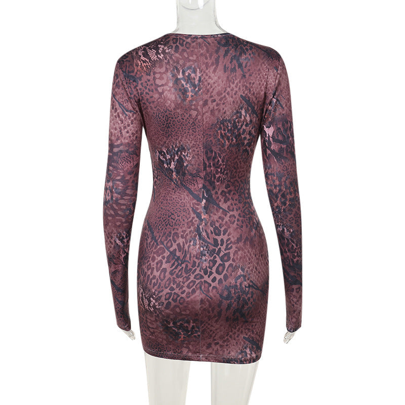 Fierce Animal Print Deep V Cutout Mini Dress - Long Sleeve Bodycon for Fall Nights