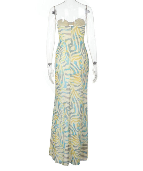 Effortless Tropic Chic: Strapless Zebra Print Cut-Out Mesh Maxi Dress | Your Ultimate Resort & Vacation Statement