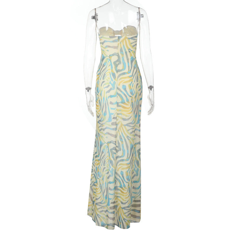 Effortless Tropic Chic: Strapless Zebra Print Cut-Out Mesh Maxi Dress | Your Ultimate Resort & Vacation Statement