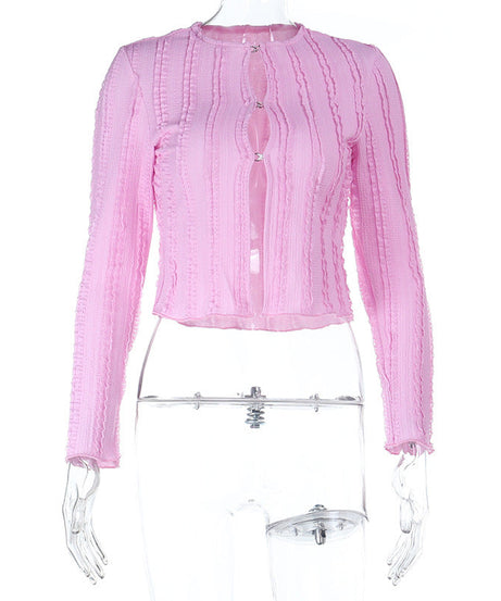 Chic Pink Ribbed Long Sleeve Crop Top with Shimmer Buttons – Your Go-To Fall Layering Piece