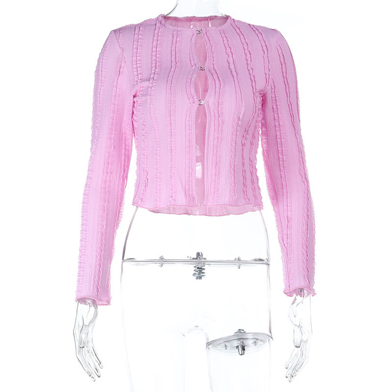 Chic Pink Ribbed Long Sleeve Crop Top with Shimmer Buttons – Your Go-To Fall Layering Piece