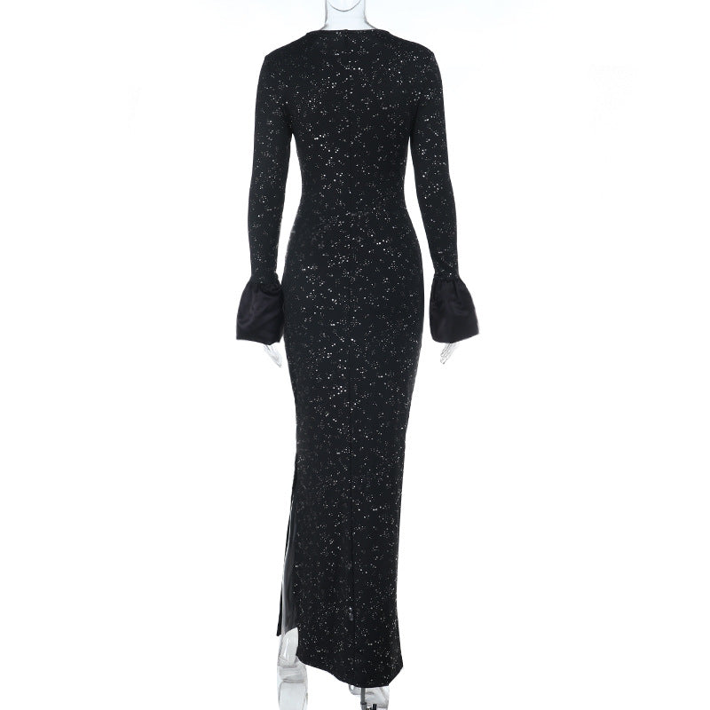 Dazzling Black Sequin Maxi Gown with Flared Bell Sleeves – Perfect for Holiday Galas & New Year's Eve