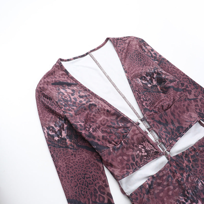 Fierce Animal Print Deep V Cutout Mini Dress - Long Sleeve Bodycon for Fall Nights