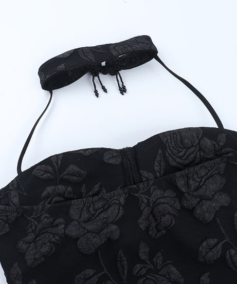 Dark Romance Brocade Halter Corset Top with Beaded Fringe - Halloween & Fall Goth Essential