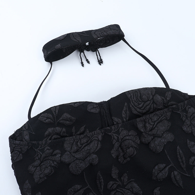 Dark Romance Brocade Halter Corset Top with Beaded Fringe - Halloween & Fall Goth Essential