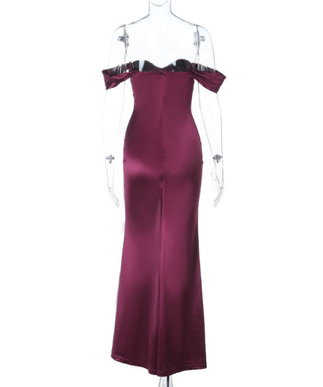 Enchanting Plum Satin Off-Shoulder Maxi Gown with Thigh Slit - Perfect for Fall Galas & Holiday Parties