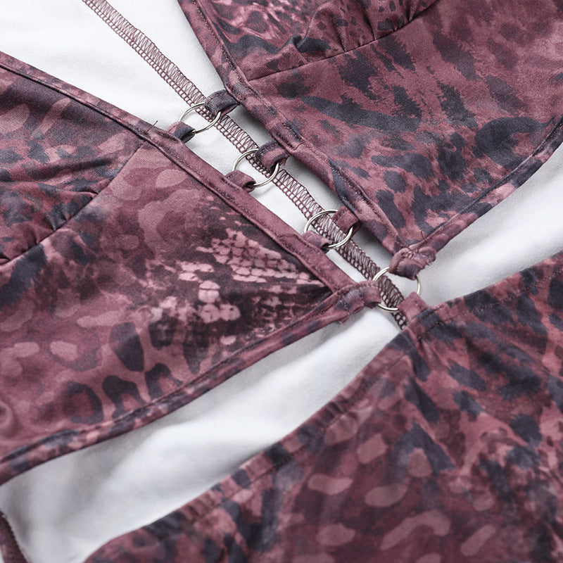 Fierce Animal Print Deep V Cutout Mini Dress - Long Sleeve Bodycon for Fall Nights