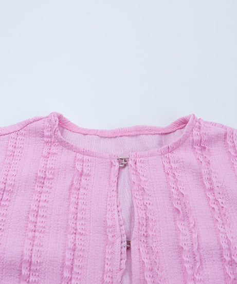 Chic Pink Ribbed Long Sleeve Crop Top with Shimmer Buttons – Your Go-To Fall Layering Piece