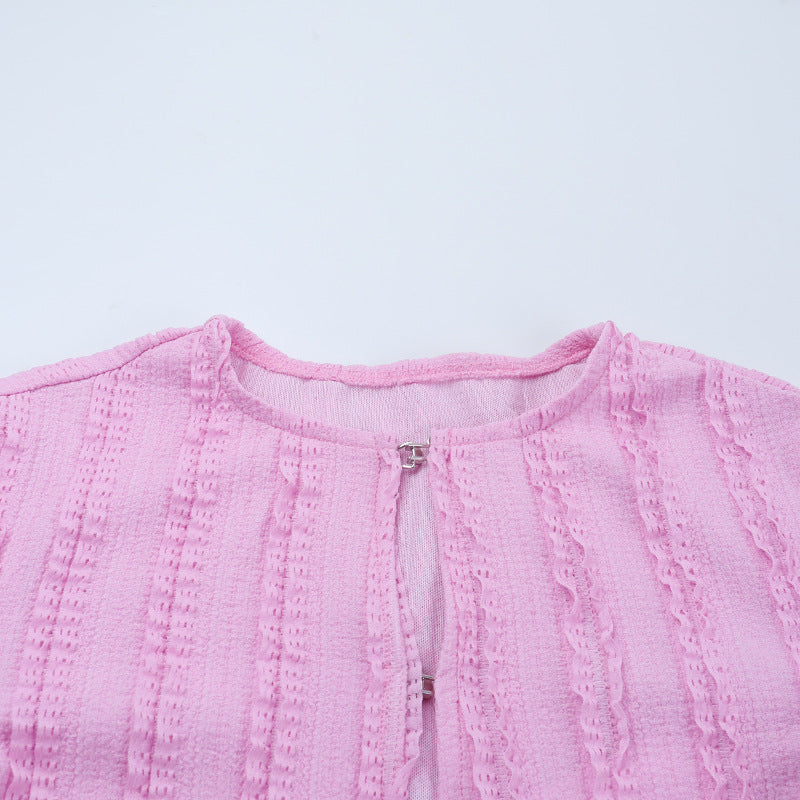 Chic Pink Ribbed Long Sleeve Crop Top with Shimmer Buttons – Your Go-To Fall Layering Piece