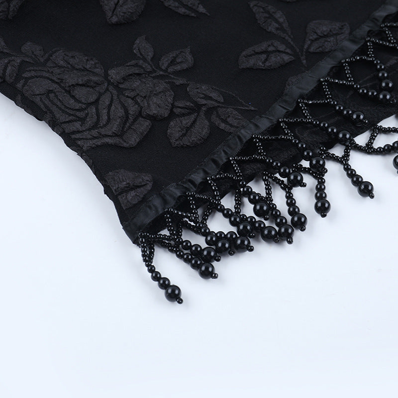 Dark Romance Brocade Halter Corset Top with Beaded Fringe - Halloween & Fall Goth Essential