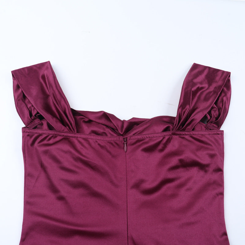 Enchanting Plum Satin Off-Shoulder Maxi Gown with Thigh Slit - Perfect for Fall Galas & Holiday Parties