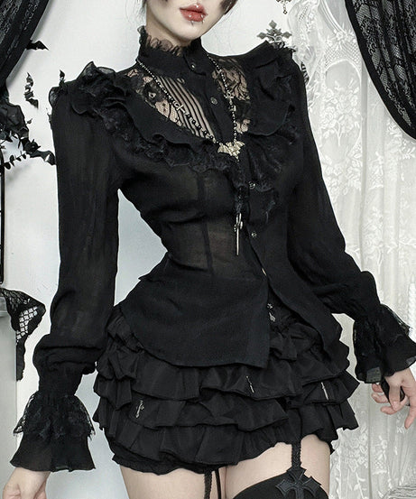Black Victorian Gothic Lace Ruffle Blouse | Enchanting Fall & Halloween Top
