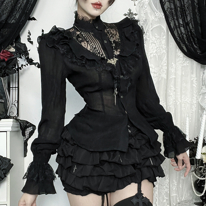 Black Victorian Gothic Lace Ruffle Blouse | Enchanting Fall & Halloween Top
