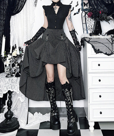Gothic Pinstripe High-Low Skirt with Buckle Accents - Elevate Your Halloween & Fall Style