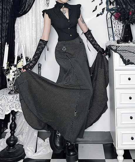 Gothic Pinstripe High-Low Skirt with Buckle Accents - Elevate Your Halloween & Fall Style