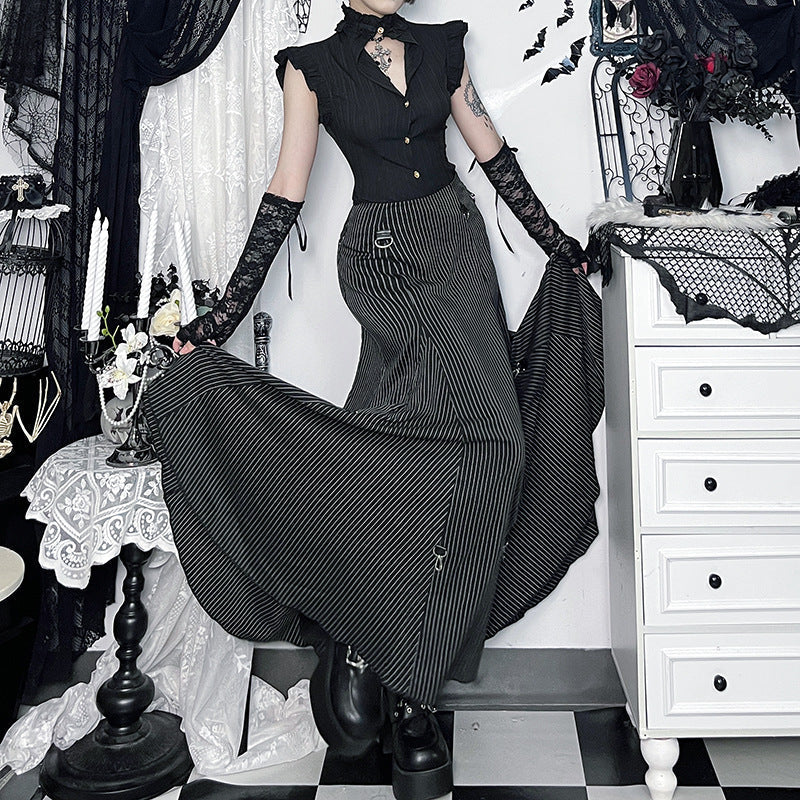 Gothic Pinstripe High-Low Skirt with Buckle Accents - Elevate Your Halloween & Fall Style