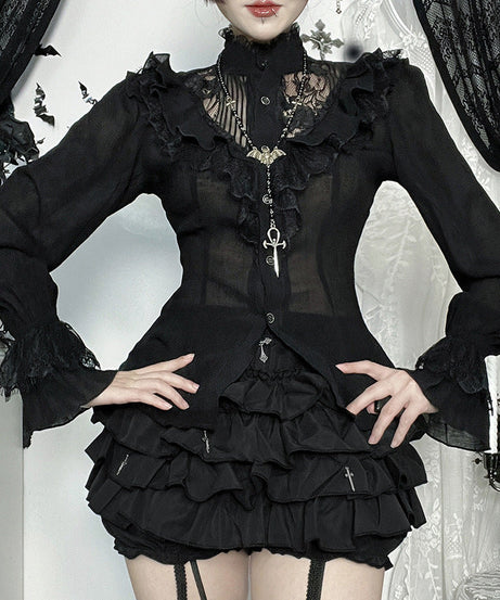 Black Victorian Gothic Lace Ruffle Blouse | Enchanting Fall & Halloween Top