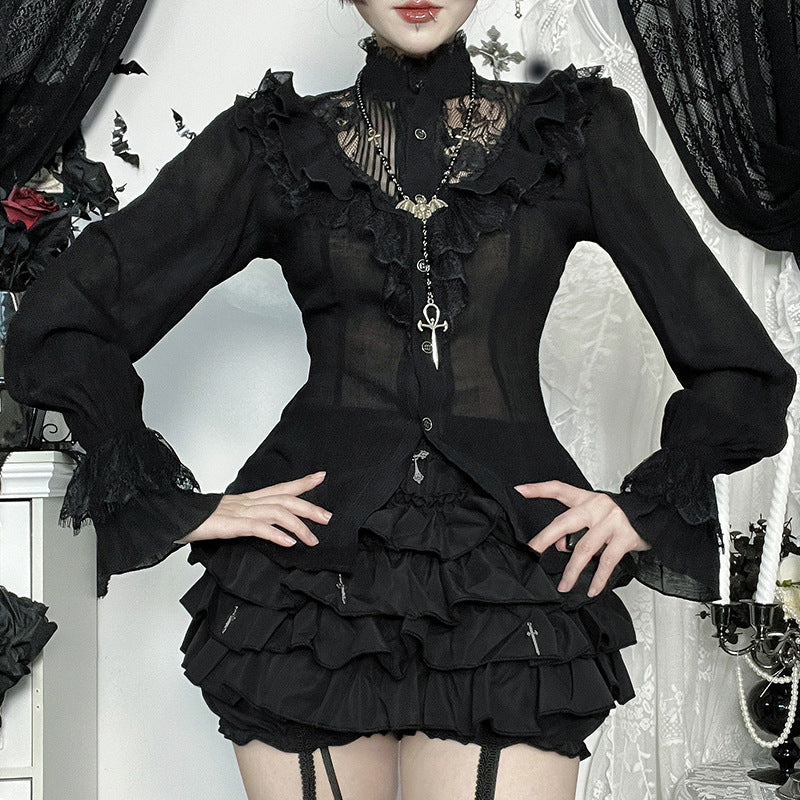 Black Victorian Gothic Lace Ruffle Blouse | Enchanting Fall & Halloween Top
