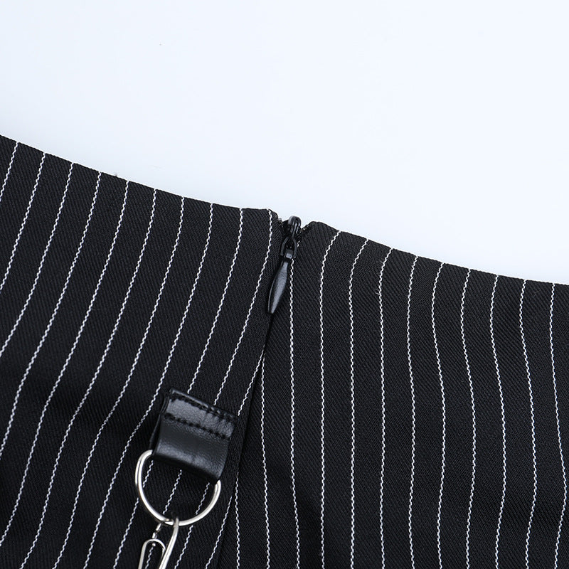 Gothic Pinstripe High-Low Skirt with Buckle Accents - Elevate Your Halloween & Fall Style