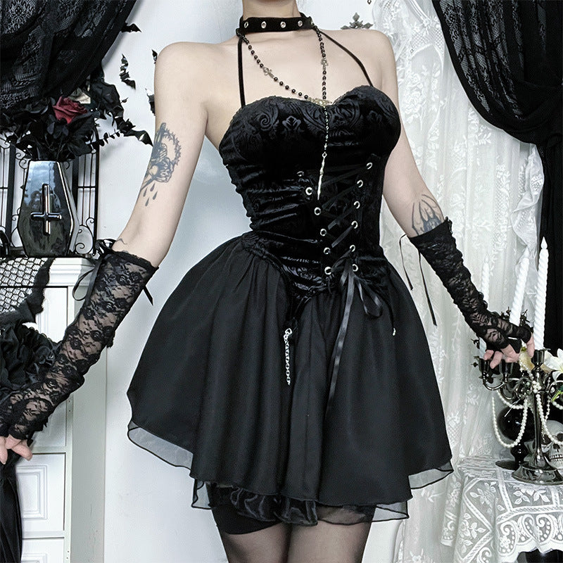 Bewitching Gothic Velvet Halter Corset & Mini Skirt Set - Spooky Season Ready