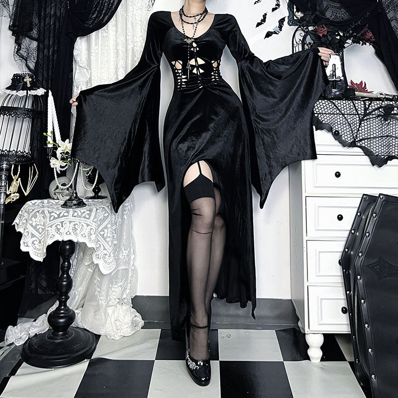 Enchanting Black Velvet Gothic Maxi Dress - Dramatic Slit & Lace-Up Corset | Perfect for Halloween & Fall Parties