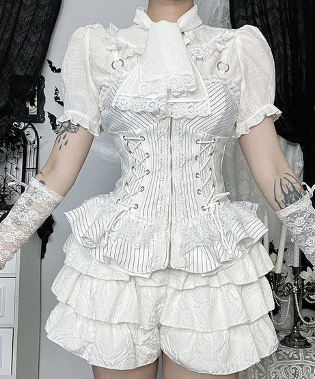 Neo-Victorian Striped Ruffle Corset Top - White Lace-Up Bustier for Halloween & Fall Fashion
