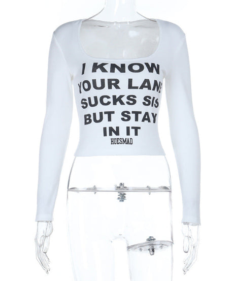 Sassy 'Stay In Your Lane Sis' Long Sleeve Square Neck Crop Top | Fall Statement Tee