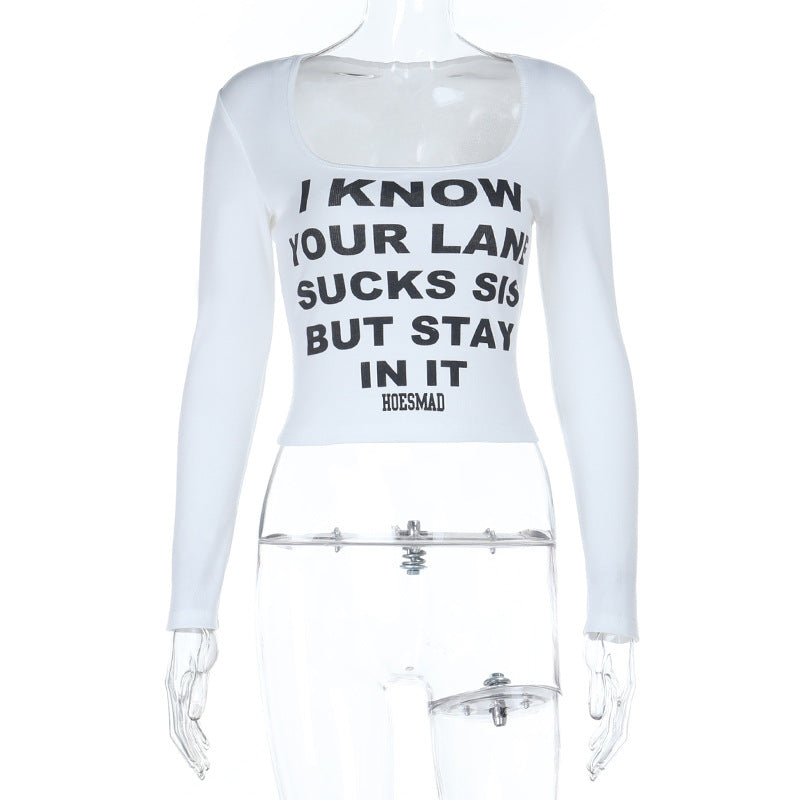 Sassy 'Stay In Your Lane Sis' Long Sleeve Square Neck Crop Top | Fall Statement Tee