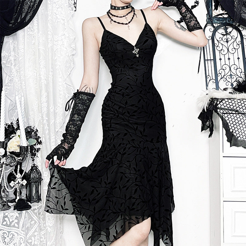 Vampire Chic Velvet Burnout Midi Dress - Gothic Halloween & Fall Party Essential