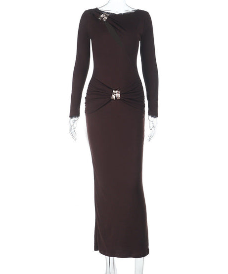 Espresso Elegance: Ruched Long Sleeve Maxi Dress with Glam Embellishments - Your Go-To for Fall & Holiday Parties