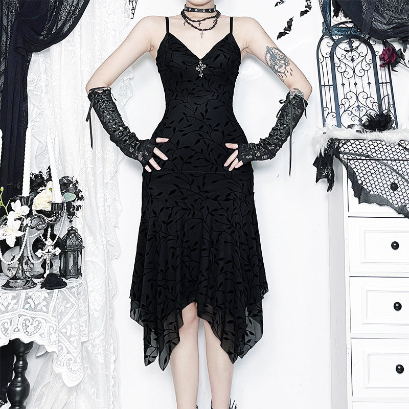 Vampire Chic Velvet Burnout Midi Dress - Gothic Halloween & Fall Party Essential