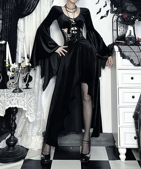 Enchanting Black Velvet Gothic Maxi Dress - Dramatic Slit & Lace-Up Corset | Perfect for Halloween & Fall Parties