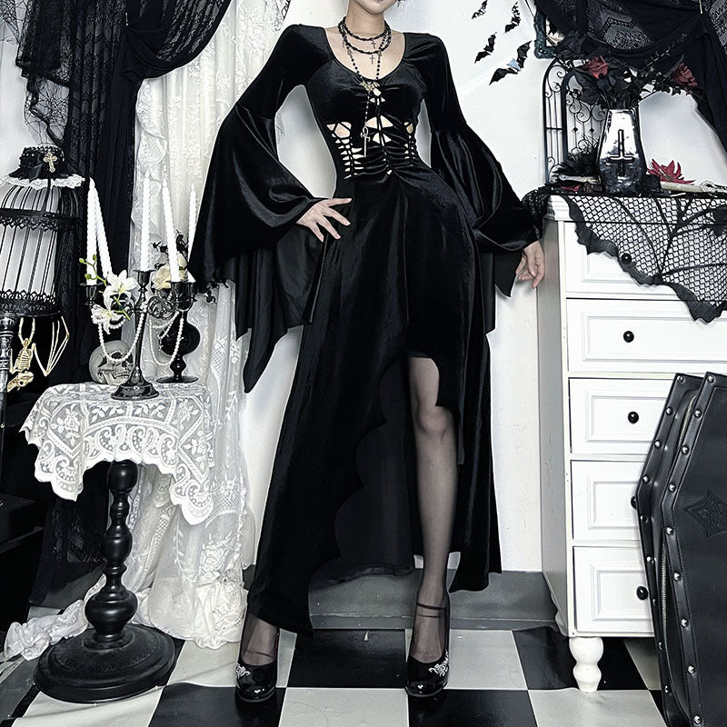 Enchanting Black Velvet Gothic Maxi Dress - Dramatic Slit & Lace-Up Corset | Perfect for Halloween & Fall Parties