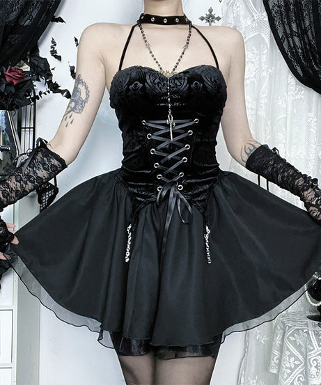 Bewitching Gothic Velvet Halter Corset & Mini Skirt Set - Spooky Season Ready