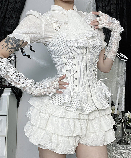 Neo-Victorian Striped Ruffle Corset Top - White Lace-Up Bustier for Halloween & Fall Fashion