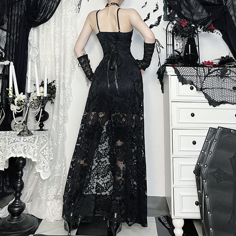Bewitching Black Lace Slit Cami Maxi Dress - Gothic Glamour for Fall & Halloween