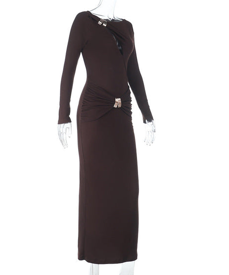 Espresso Elegance: Ruched Long Sleeve Maxi Dress with Glam Embellishments - Your Go-To for Fall & Holiday Parties