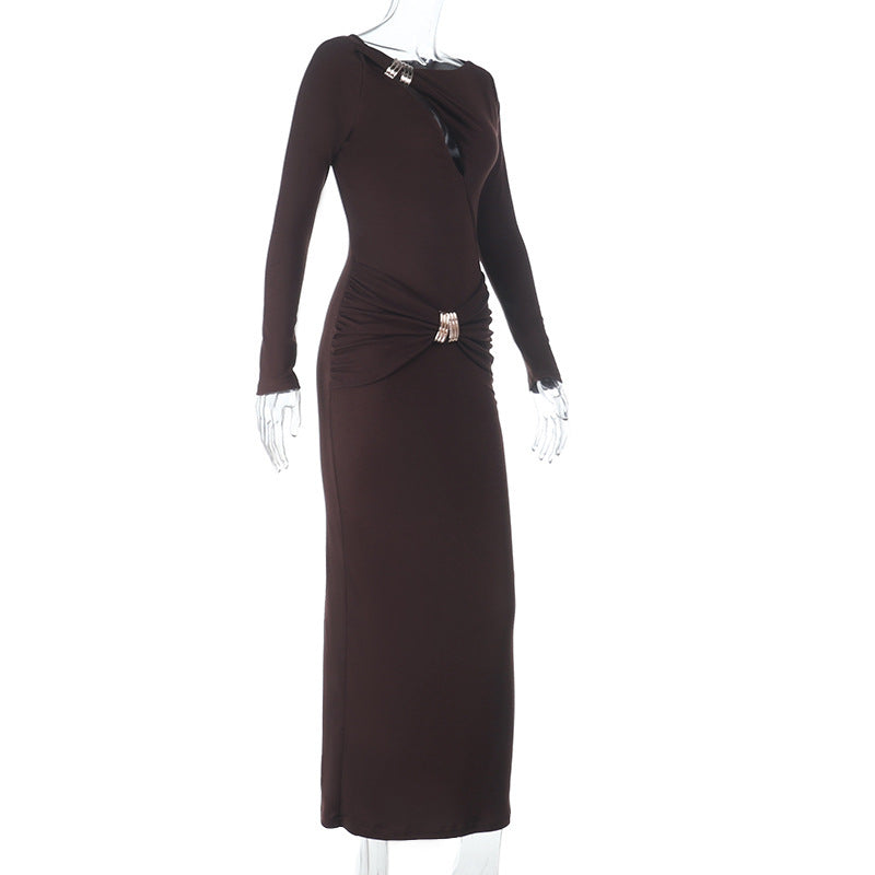 Espresso Elegance: Ruched Long Sleeve Maxi Dress with Glam Embellishments - Your Go-To for Fall & Holiday Parties