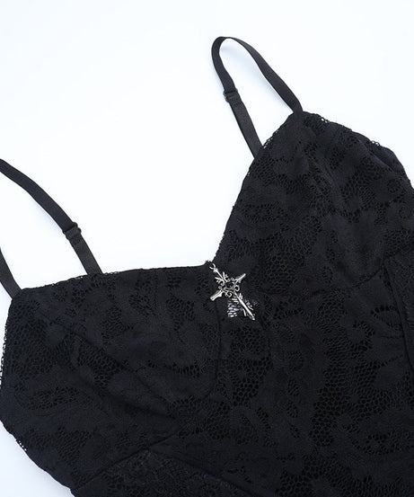 Bewitching Black Lace Slit Cami Maxi Dress - Gothic Glamour for Fall & Halloween