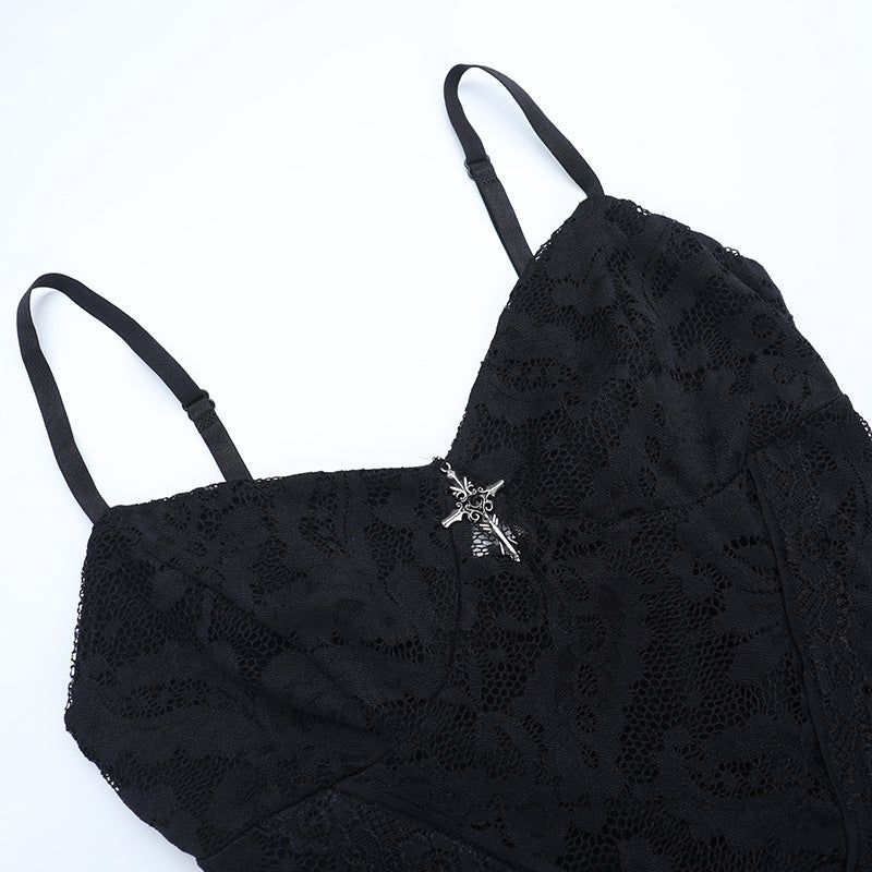 Bewitching Black Lace Slit Cami Maxi Dress - Gothic Glamour for Fall & Halloween