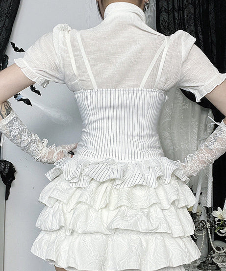 Neo-Victorian Striped Ruffle Corset Top - White Lace-Up Bustier for Halloween & Fall Fashion