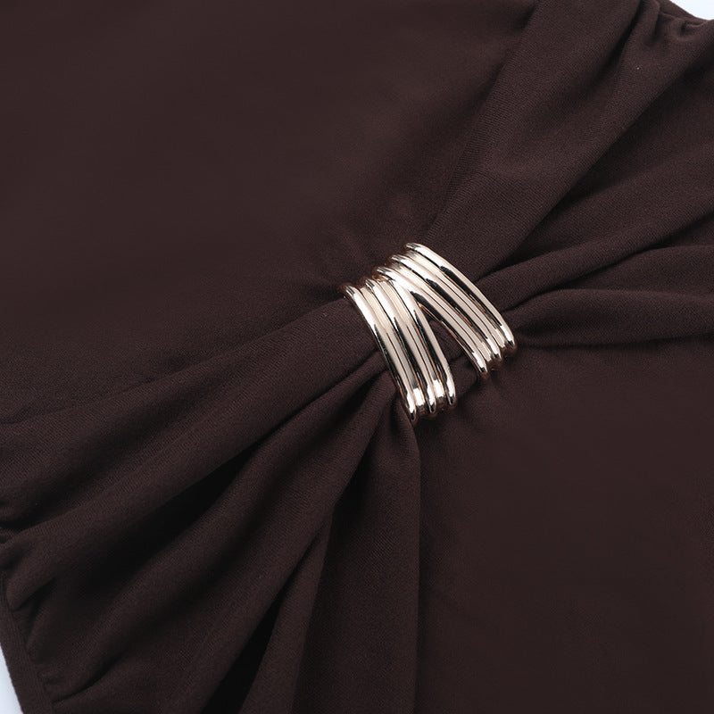 Espresso Elegance: Ruched Long Sleeve Maxi Dress with Glam Embellishments - Your Go-To for Fall & Holiday Parties