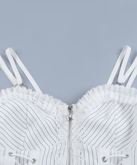 Neo-Victorian Striped Ruffle Corset Top - White Lace-Up Bustier for Halloween & Fall Fashion