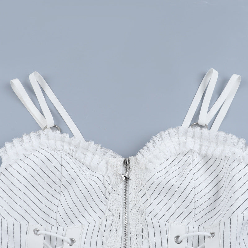 Neo-Victorian Striped Ruffle Corset Top - White Lace-Up Bustier for Halloween & Fall Fashion