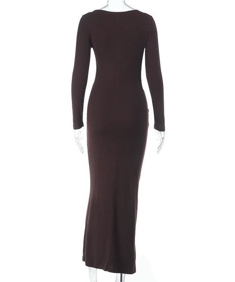 Espresso Elegance: Ruched Long Sleeve Maxi Dress with Glam Embellishments - Your Go-To for Fall & Holiday Parties