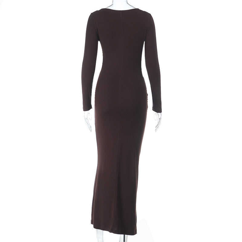 Espresso Elegance: Ruched Long Sleeve Maxi Dress with Glam Embellishments - Your Go-To for Fall & Holiday Parties